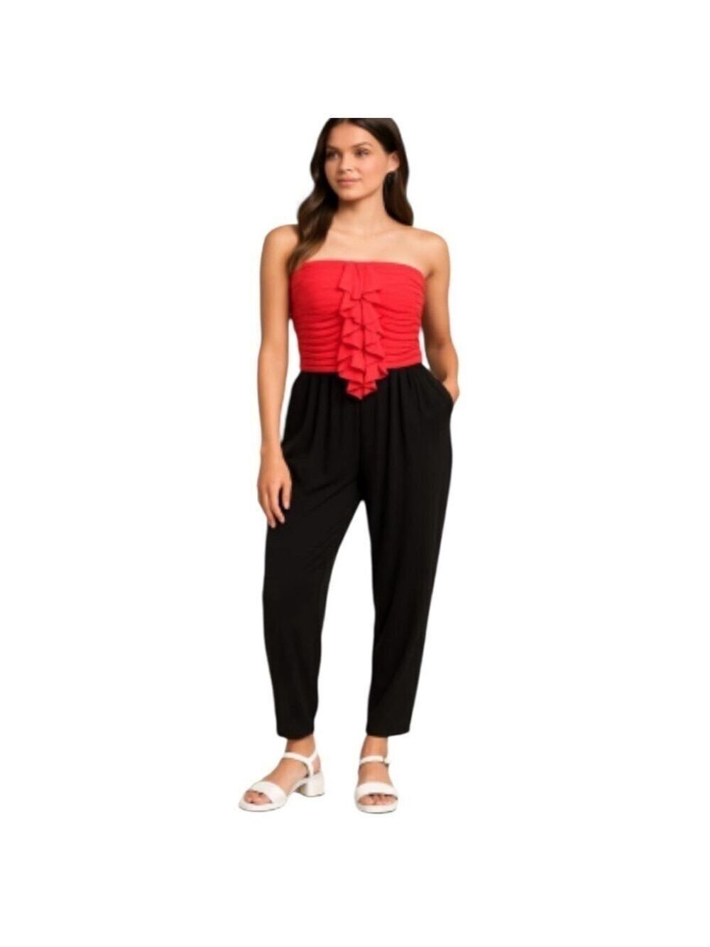 ASHLEY STEWART Strapless Jumpsuit Melon Top Black Bottom Stretchy Size 14/16 NWT